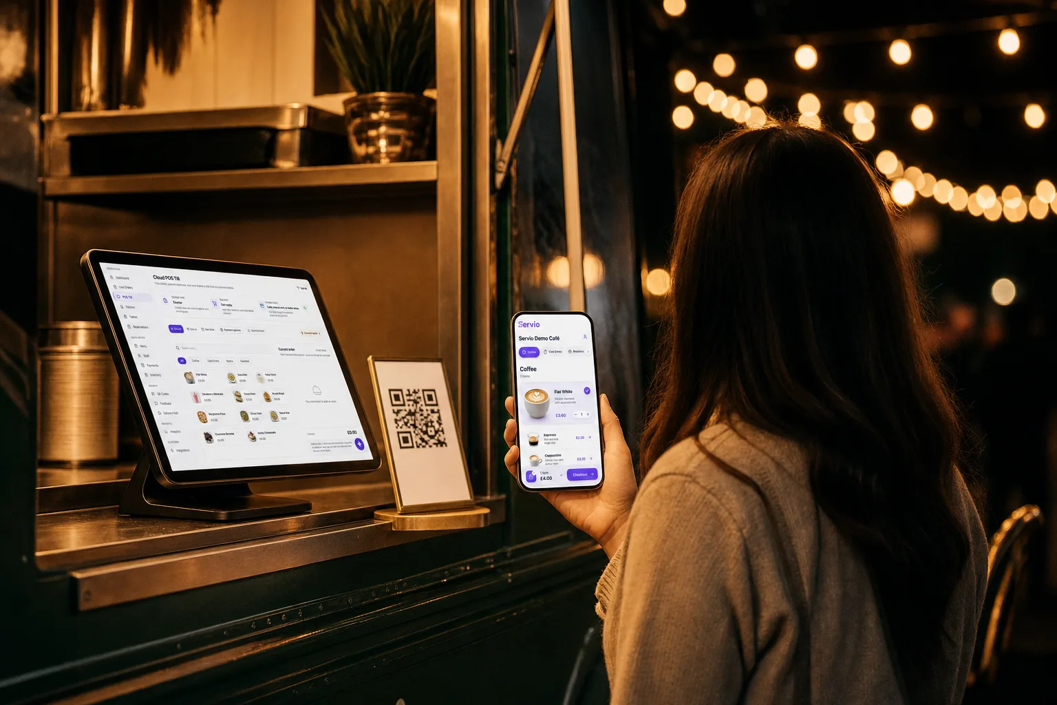 A food truck service window at night, a guest scanning the QR stand by the till tablet