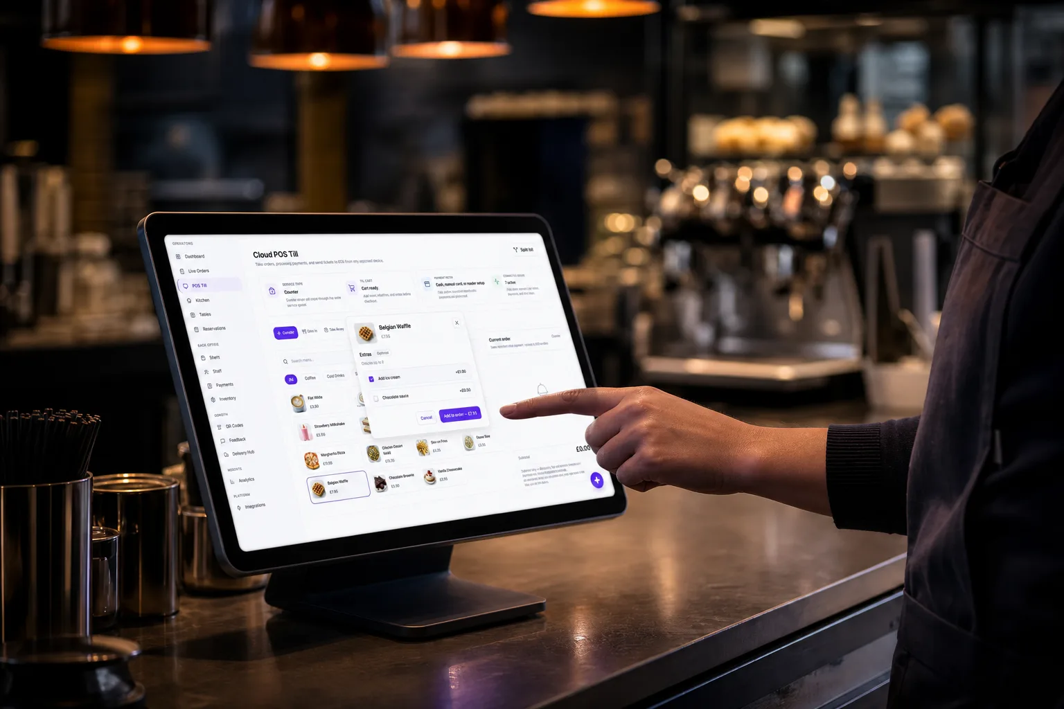 A dessert parlour till on the counter mid-service, live orders on screen