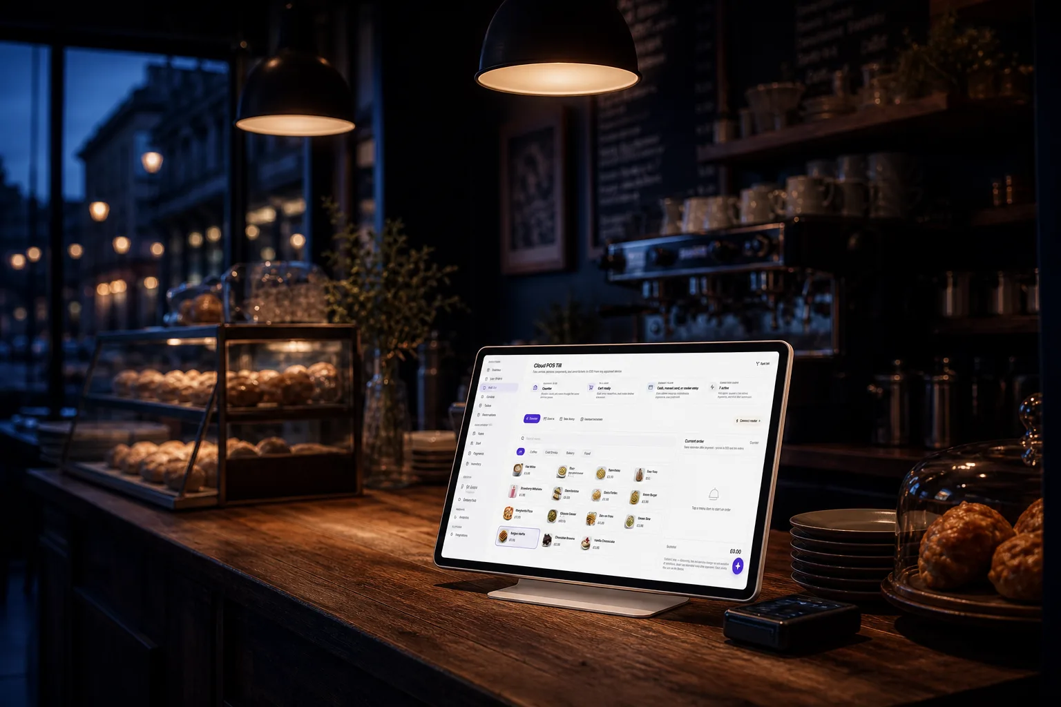 An independent dessert venue at dusk with the till lit on the counter